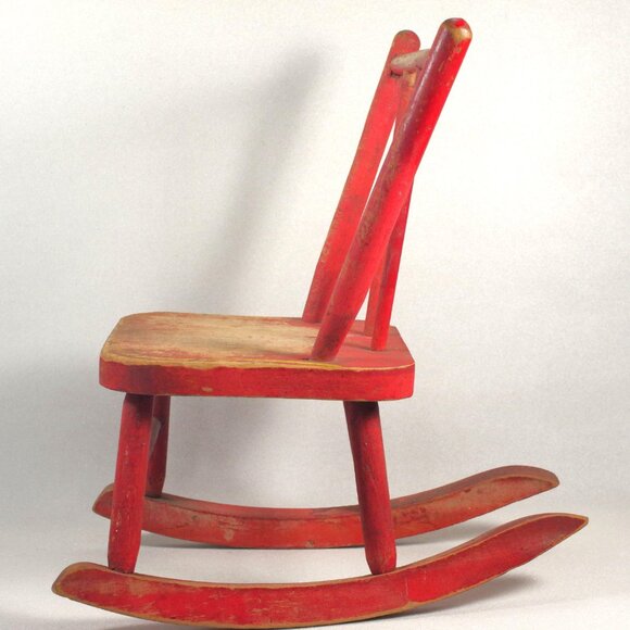 Vintage Doll Rocking Chair 14.5" Tall Red Yellow Wood Chair Primitive Folk Art - Picture 4 of 9